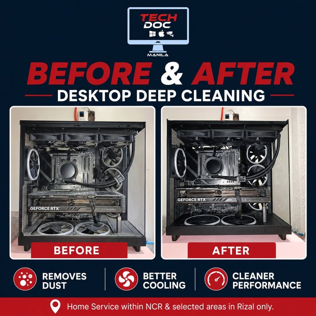 Before and after desktop deep cleaning — dust removed inside the case