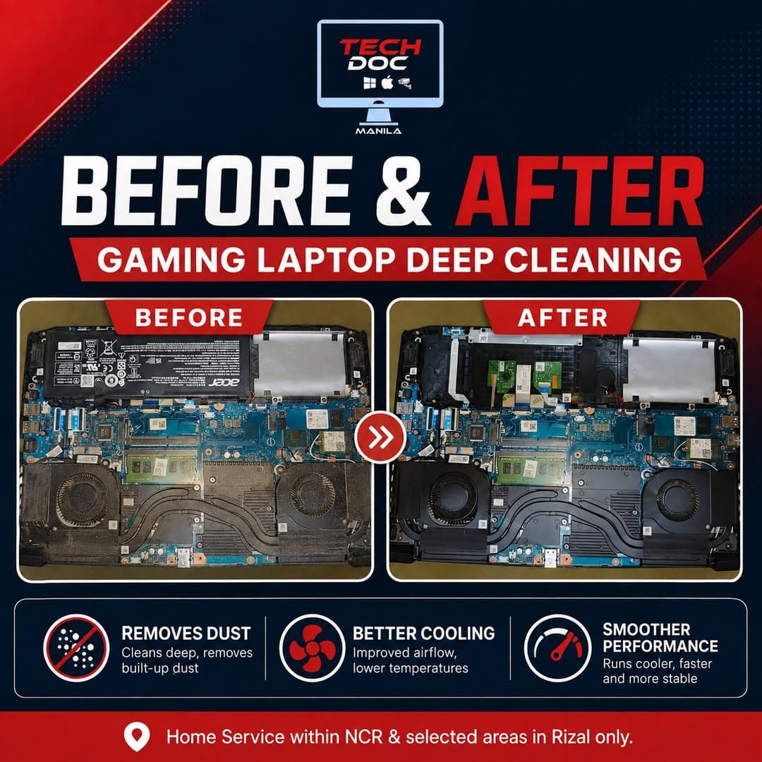 Before and after deep cleaning a dust-caked gaming laptop motherboard and fans