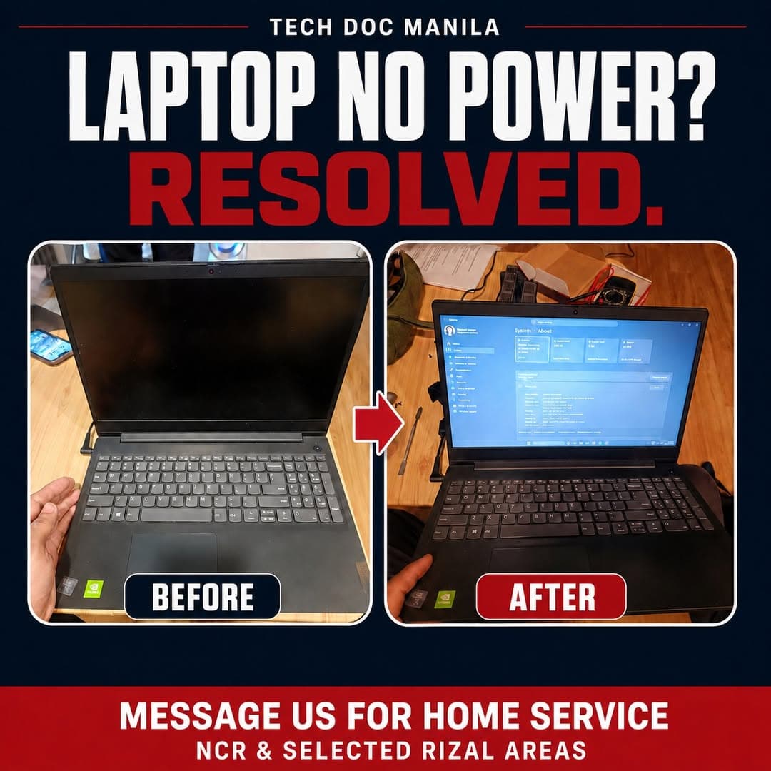 Laptop with no power, resolved and booted up after an on-site repair